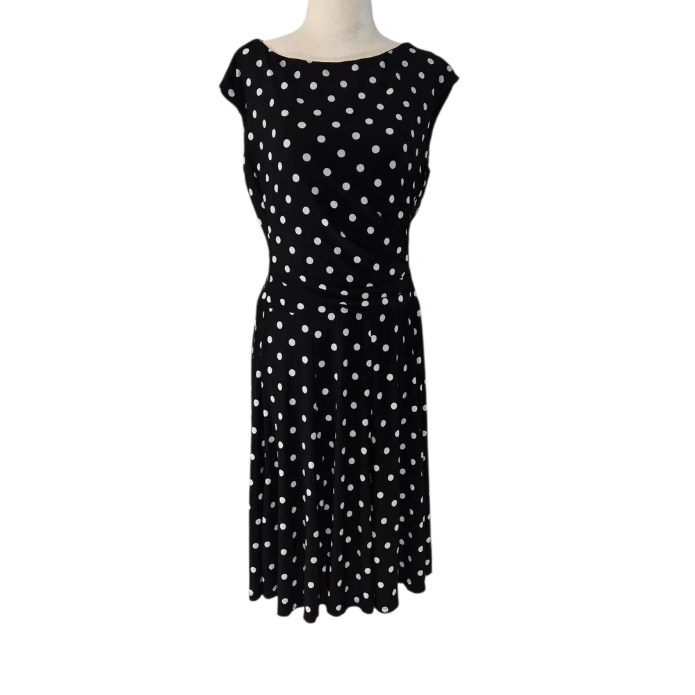 Lauren Ralph Lauren Black Midi Dress with White Dots Sz 12 - Picture 3 of 16